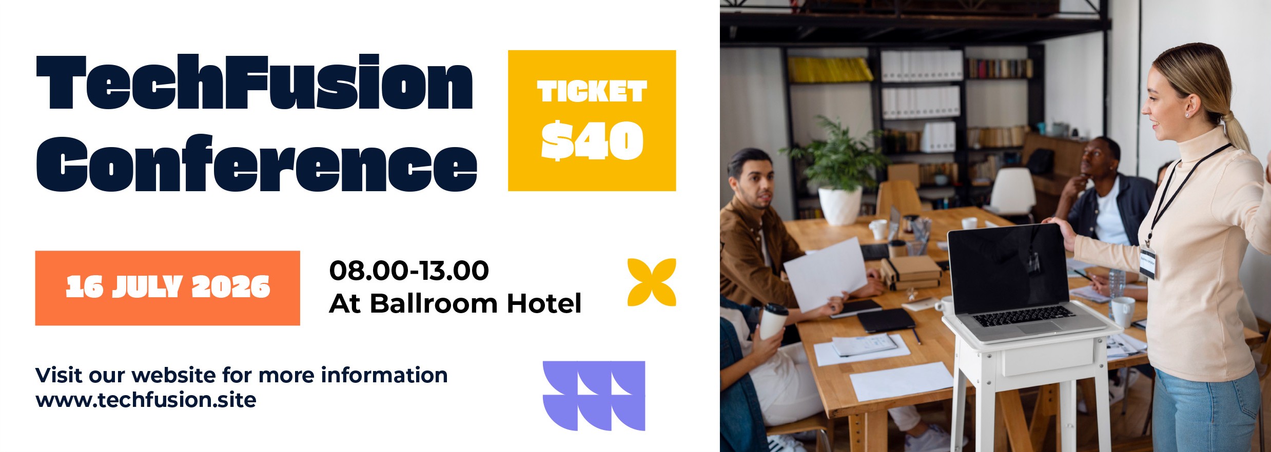 Banner promoting the TechFusion Conference on July 16, 2026, featuring a presenter, ticket price, and event details in a meeting setting.