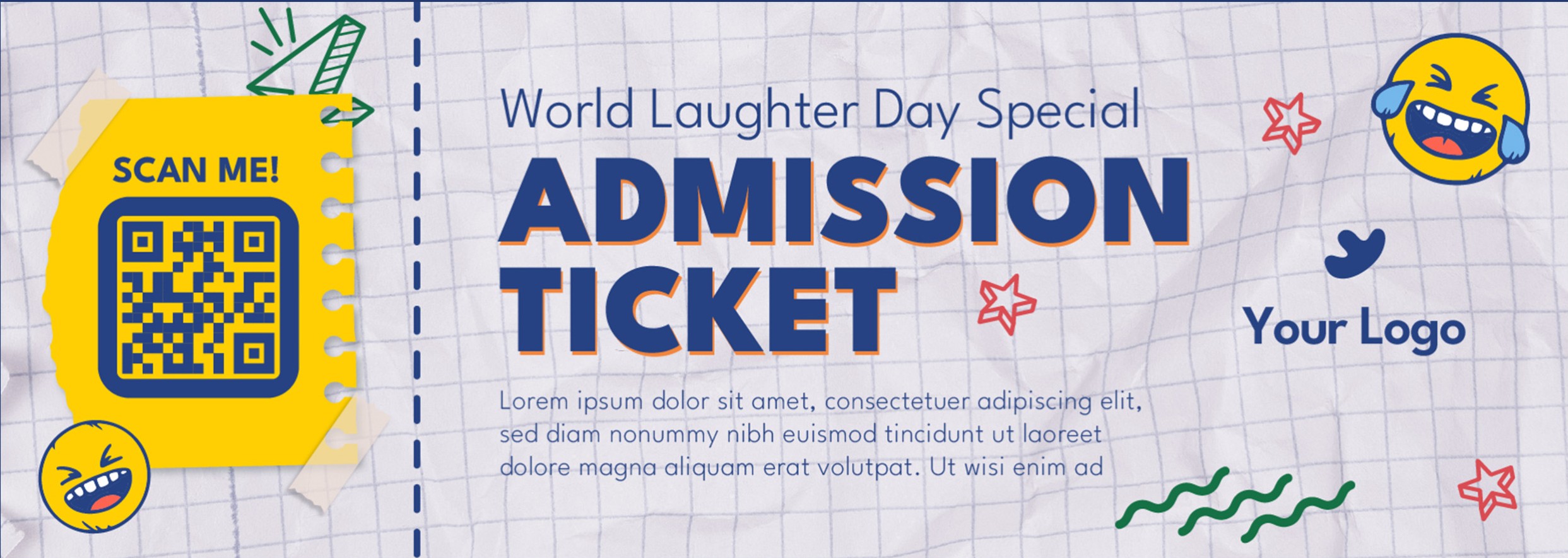 Admission ticket with QR Code for a laughter event
