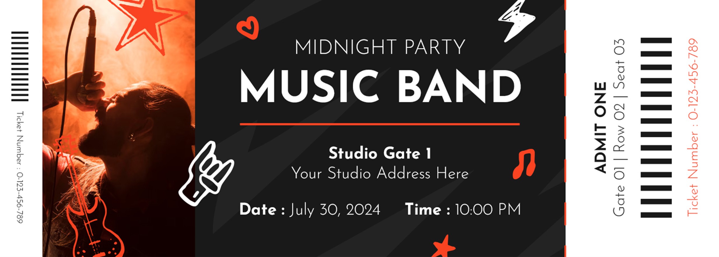 Concert admission ticket with barcode and event details
