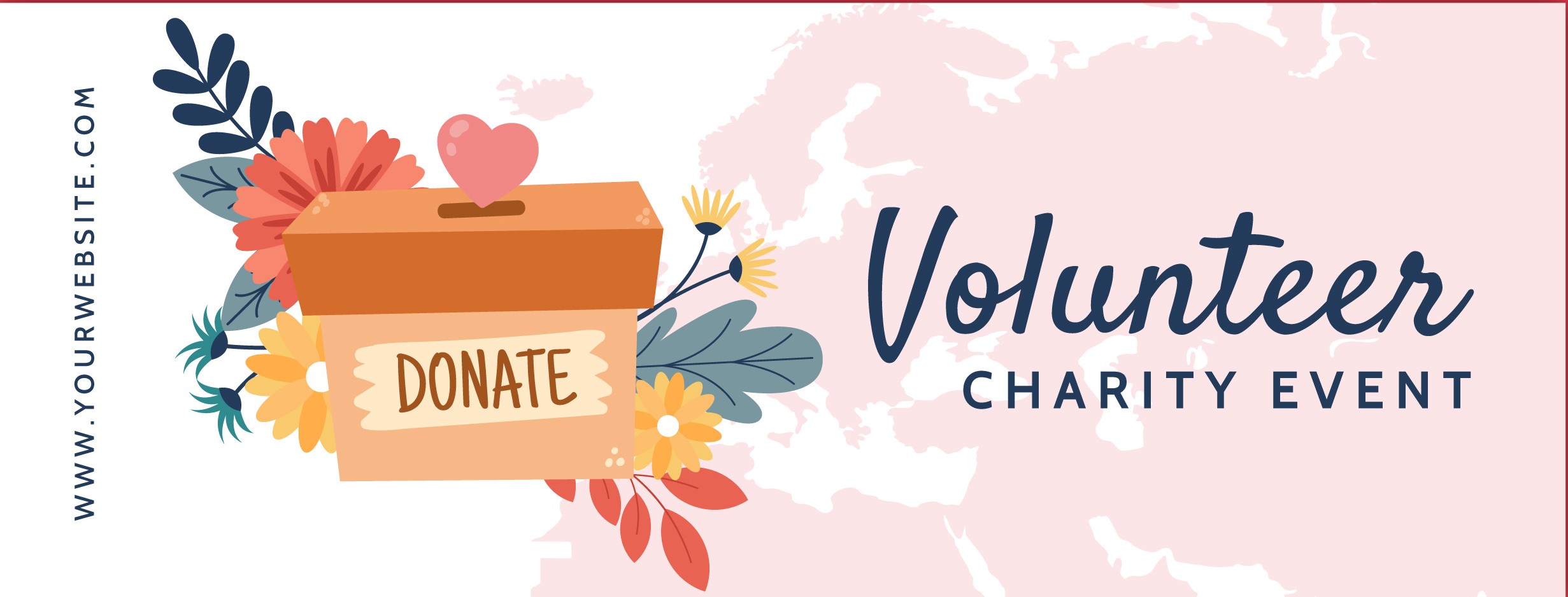 Banner promoting a volunteer charity event, featuring a donation box with flowers and a website link on a pink background.