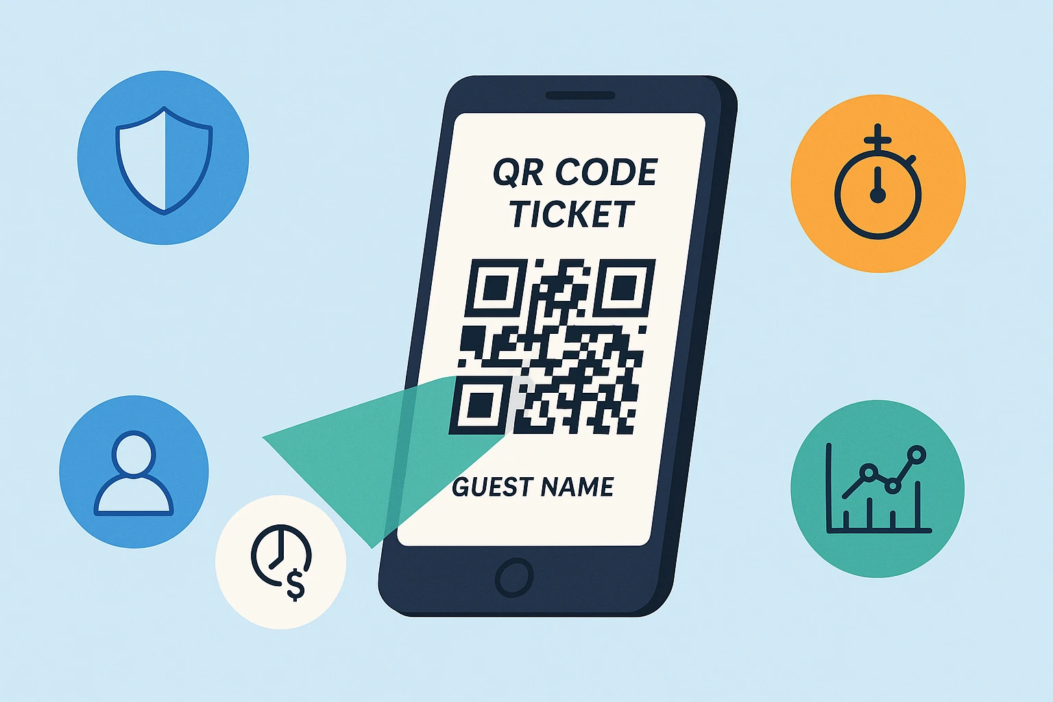 QR Code Ticket Generator on a smartphone surrounded by security, speed, cost, and analytics icons