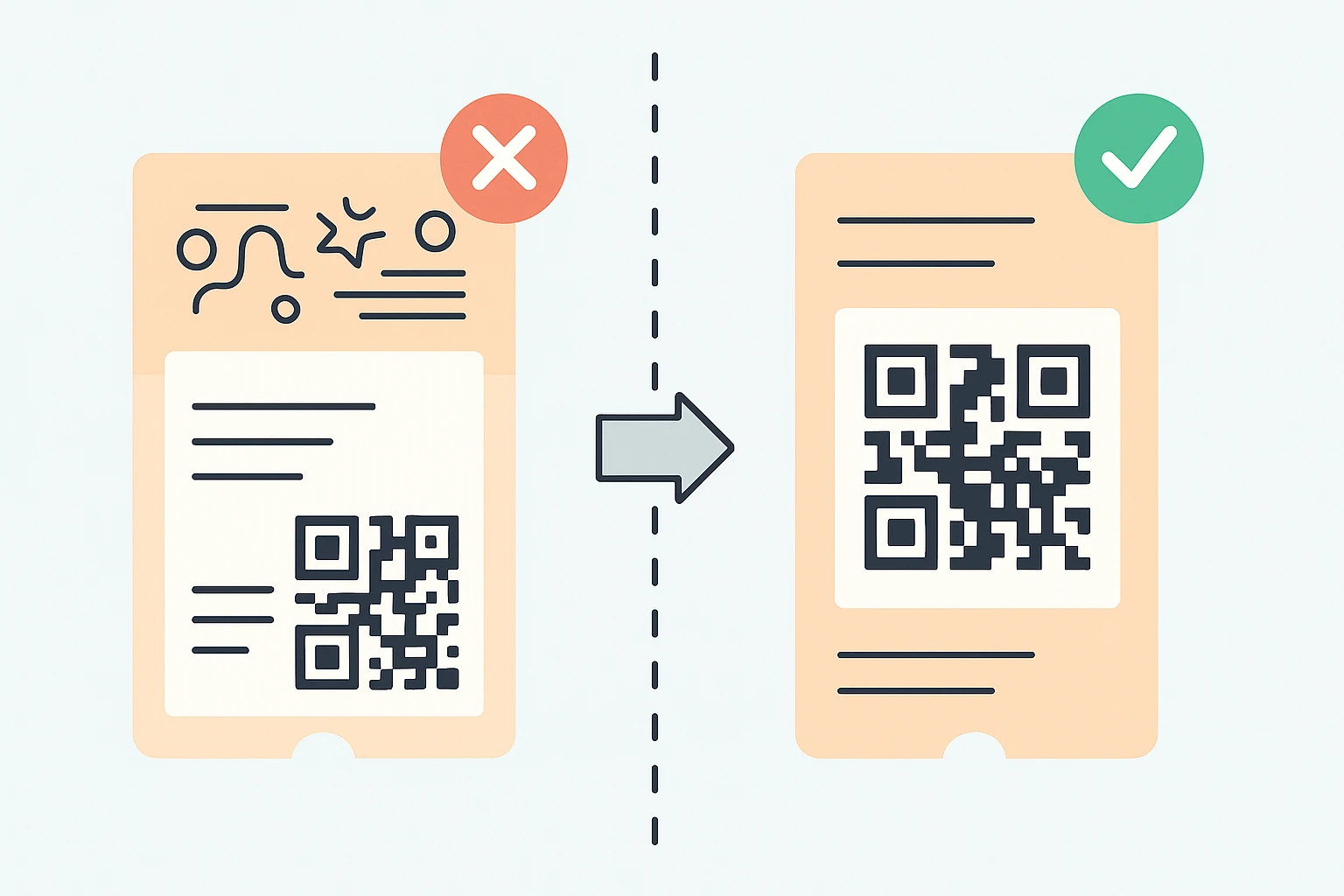 QR Code Ticket Generator comparison: cluttered ticket vs clean ticket with bold QR code