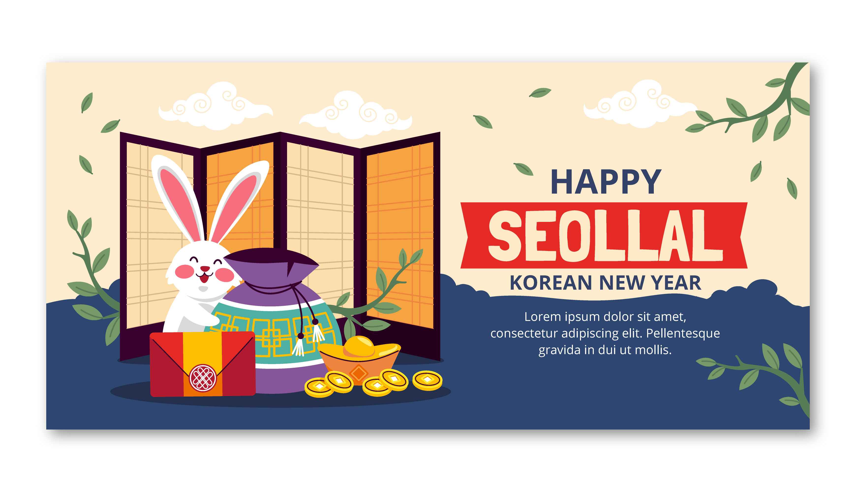 A festive illustration for Seollal featuring a cheerful white rabbit, a traditional gift pouch, gold coins, and a folding screen, with "Happy Seollal: Korean New Year" written prominently.