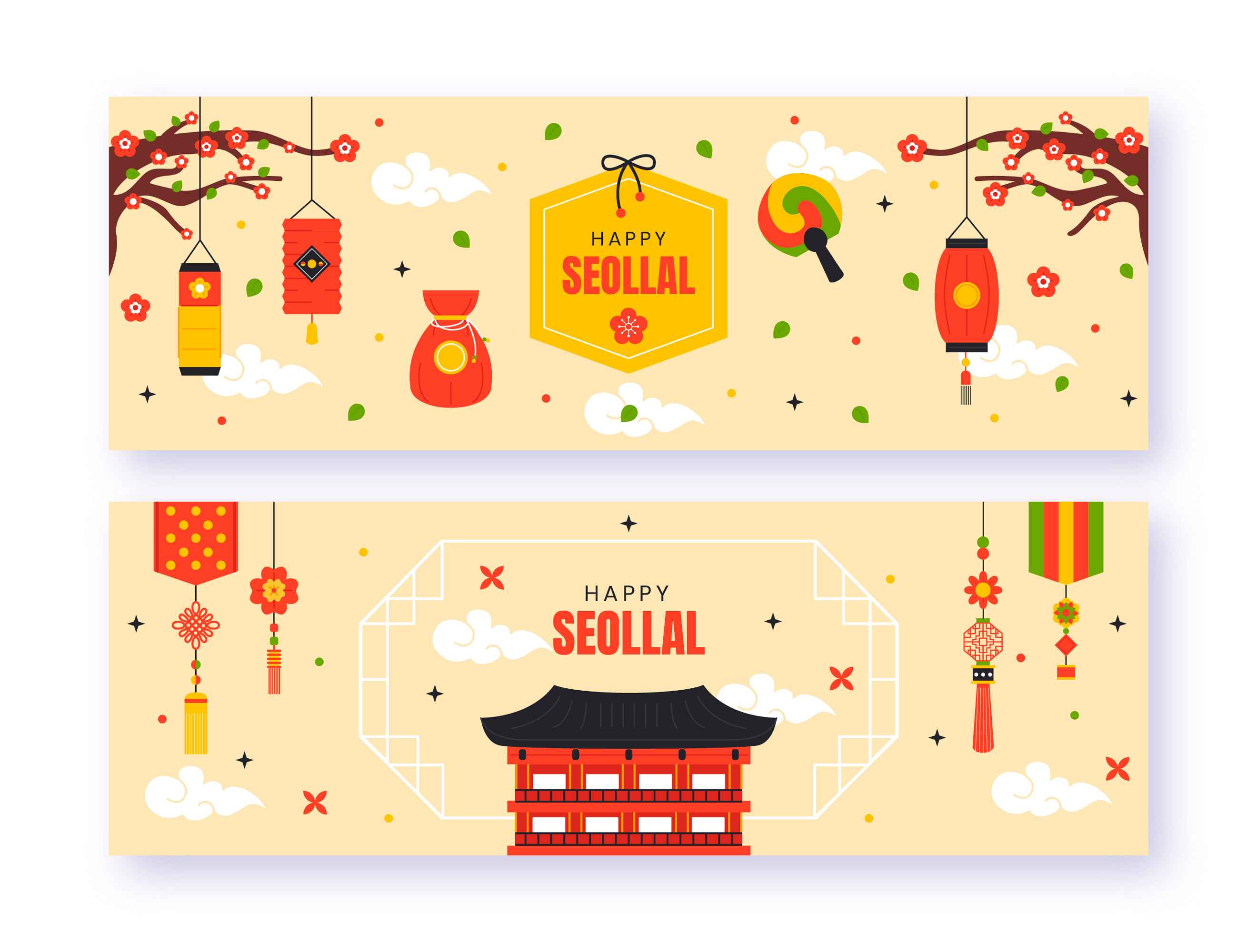 Festive banners for Seollal featuring traditional Korean elements like lanterns, a red pouch, decorative tassels, cherry blossoms, and a traditional Korean building, with "Happy Seollal" written in bold text.