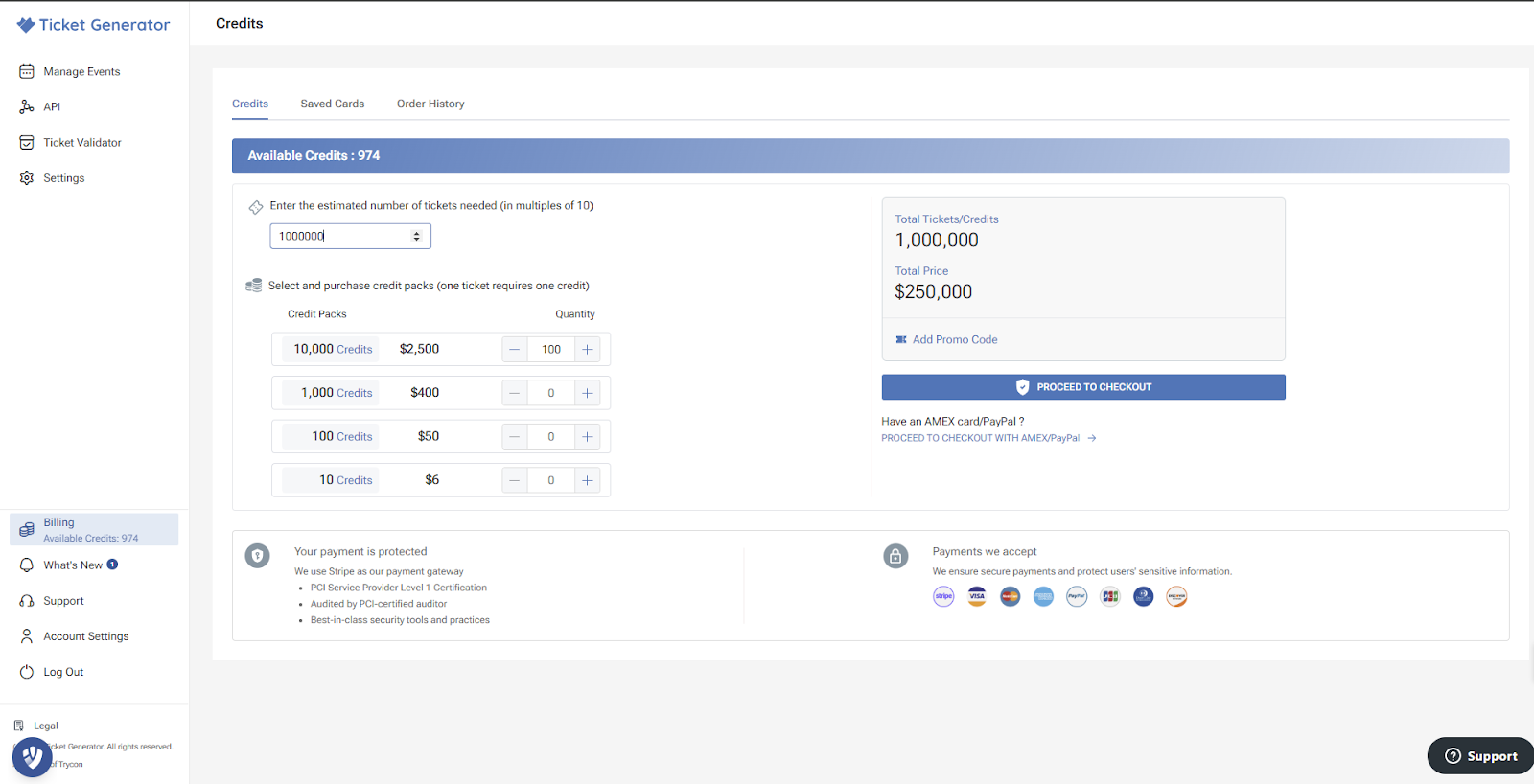 Screenshot of a 'Ticket Generator' dashboard showing credits, purchase options, total tickets/credits, cost, and checkout button.