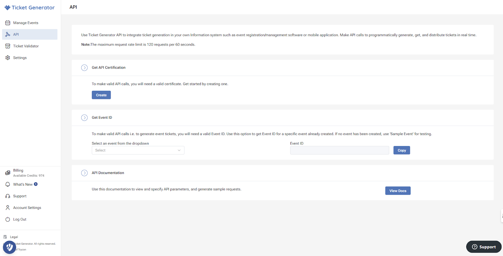 Ticket Generator API page featuring eAPI Certification setup, Event ID selection, and API documentation links.