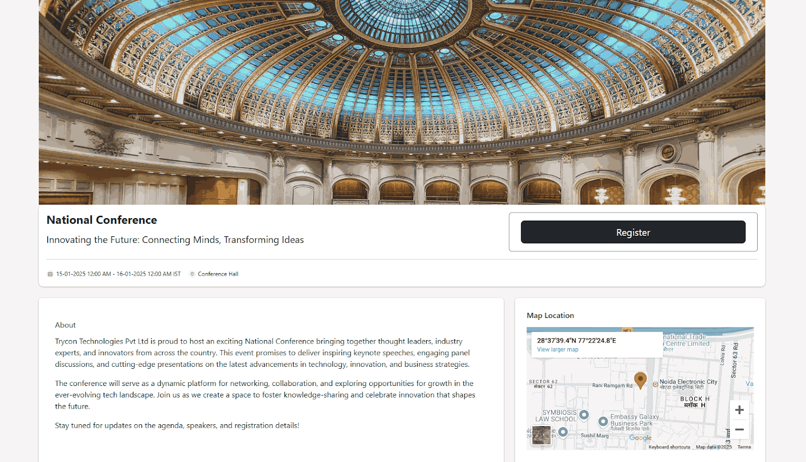 National Conference page with a grand dome photo, event info, a “Register” button, an About section, and a location map.