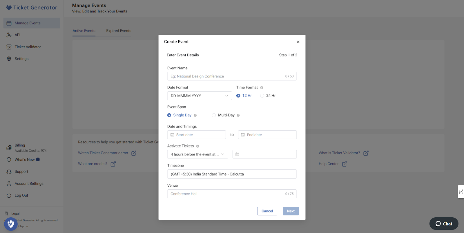 Ticket Generator 'Create Event' form displaying fields for name, date/time format, event span, and venue, with a 'Next' button at the bottom.