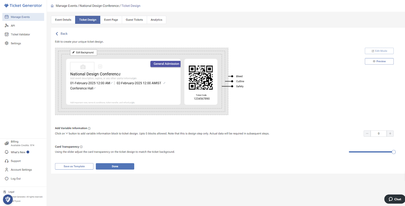 Ticket design editor with a sample ticket for National Design Conference, showing QR code, details, and customization options.
