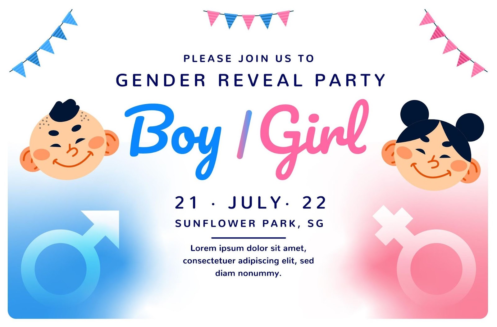 Gender reveal party invitation design featuring boy and girl illustrations, colorful banners, and the event details.