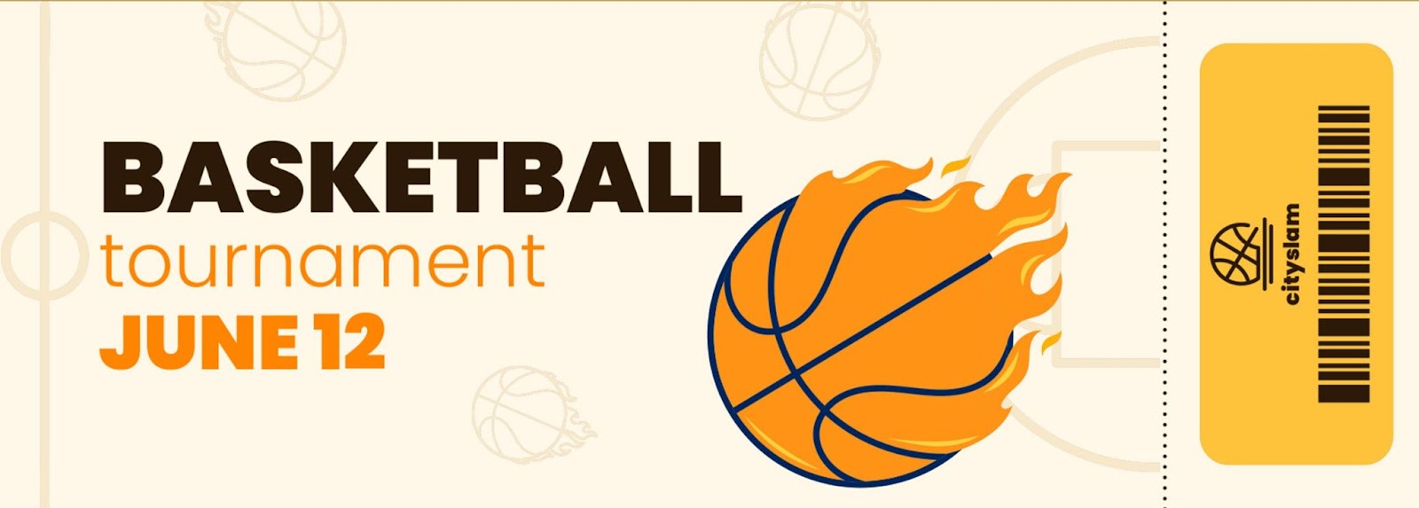 Basketball tournament ticket featuring a flaming basketball, date “June 12,” and a barcode with the CityJam logo.