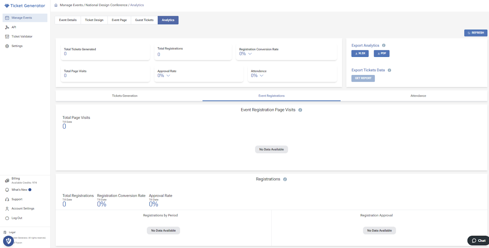Analytics page with event stats, registration data, and export tools in Ticket Generator.