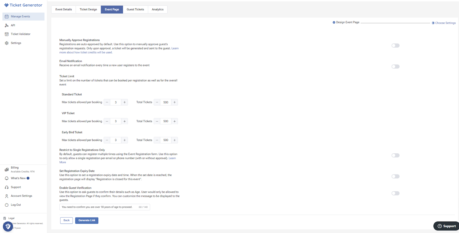 Ticket Generator event page tab with manual approval toggle, ticket type settings (standard, VIP, early bird), and sign-up restrictions.