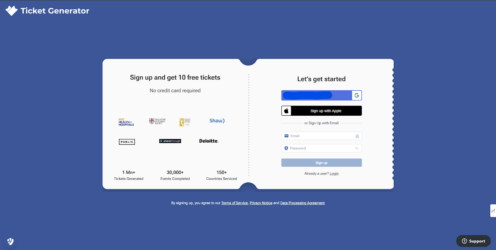 Ticket Generator sign-up page with 10 free tickets offer, brand logos on the left, and a sign-up form on the right.