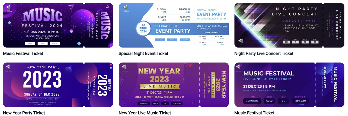 A variety of event ticket designs showcasing ticketing for events, including music festivals, concerts, and parties.
