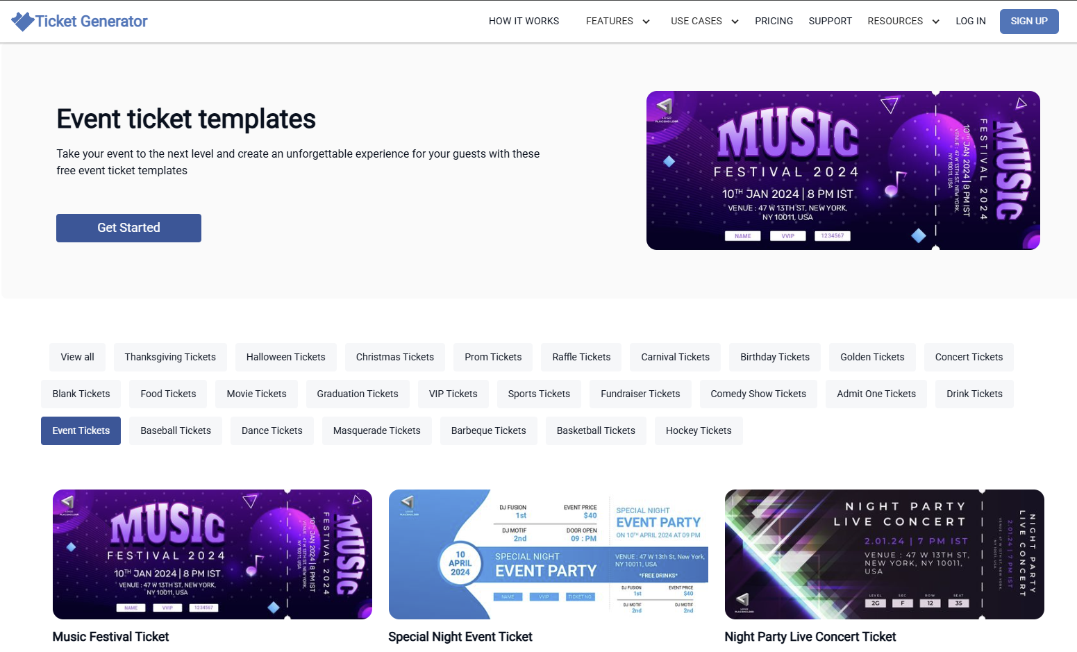 Ticket Generator's event ticket templates page with multiple themed designs and a “Get Started” button.