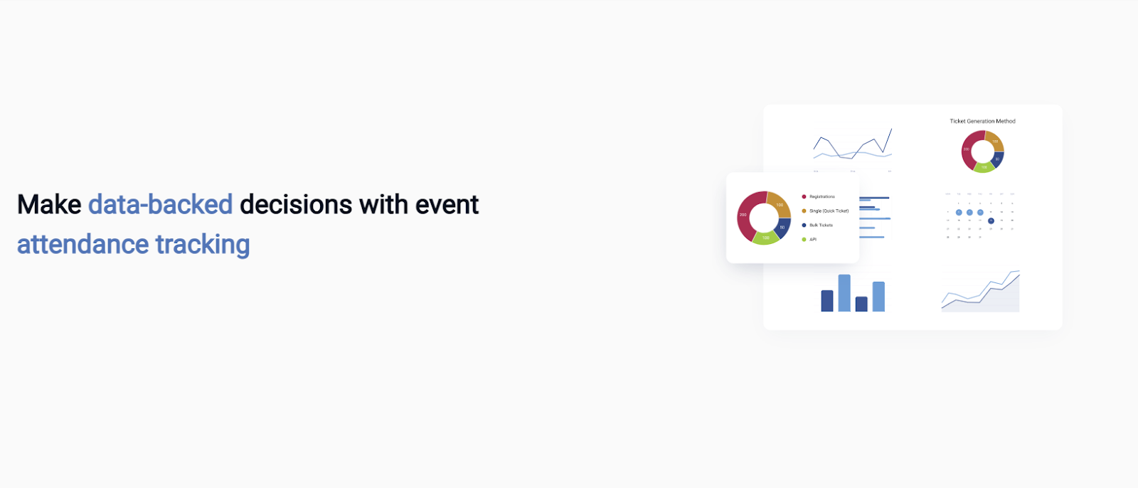 Banner with text “Make data-backed decisions with event attendance tracking” and colorful charts illustrating event data.