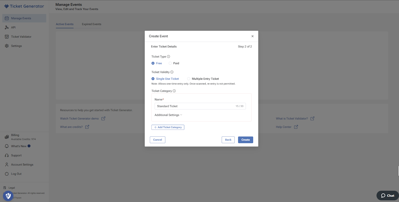 Ticket Generator’s “Create Event” popup with fields for event name, venue, date/time, and a “Next” button.
