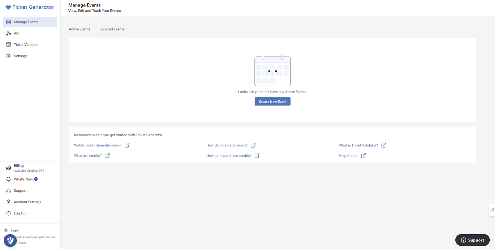 Ticket Generator Manage Events page showing no active events, a calendar icon, and a “Create New Event” button.