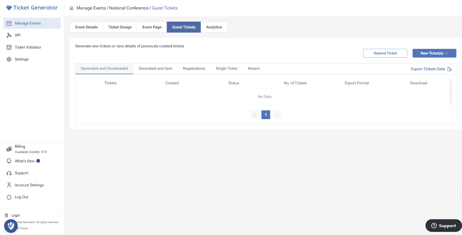 Guest Tickets page in Ticket Generator with an empty table and buttons to create or export tickets.