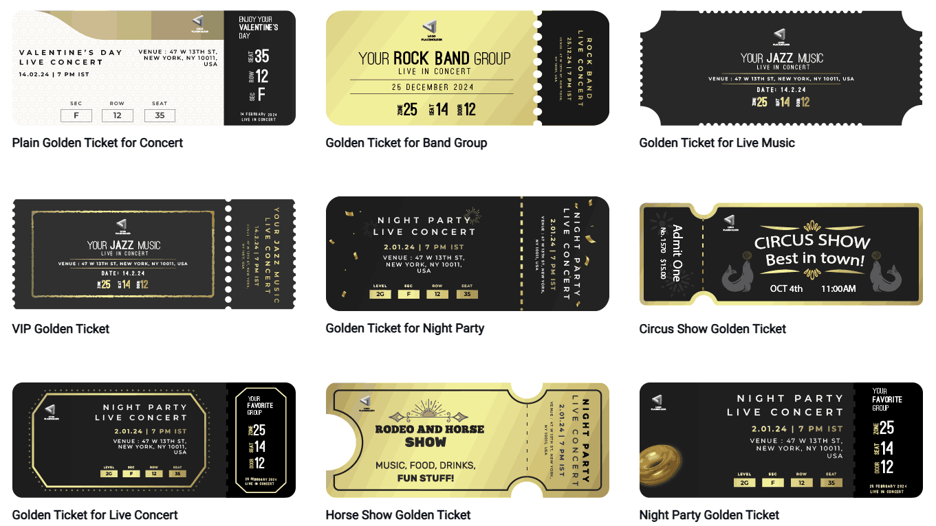 Grid of black-and-gold themed event tickets for live concerts, bands, jazz, circus, horse show, and night parties.