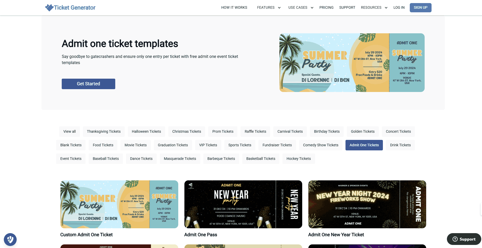 Ticket Generator webpage displaying 'Admit one ticket templates' with a 'Get Started' button and preview images of various themed tickets