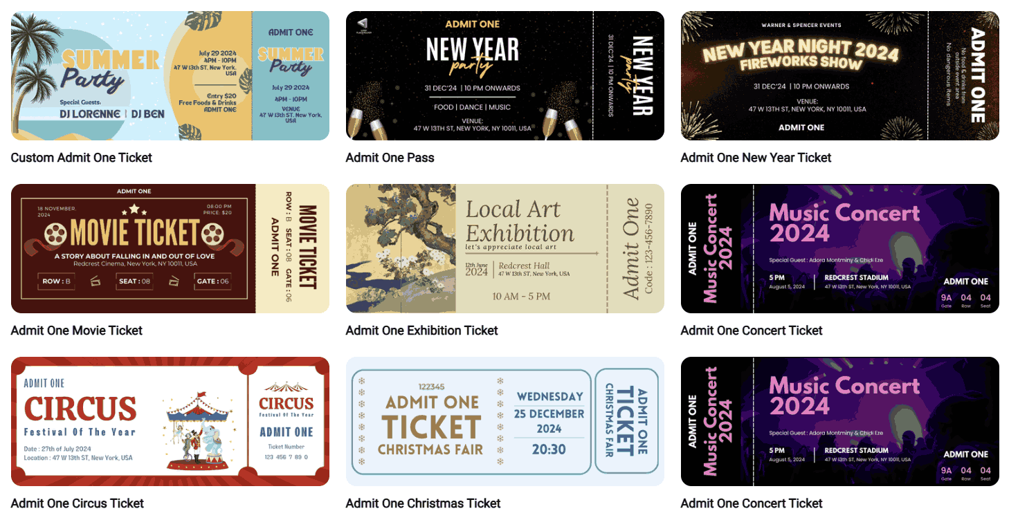 Grid of various themed tickets (Summer, New Year, Movie, Art, Music, Circus), each with unique graphics and event details.