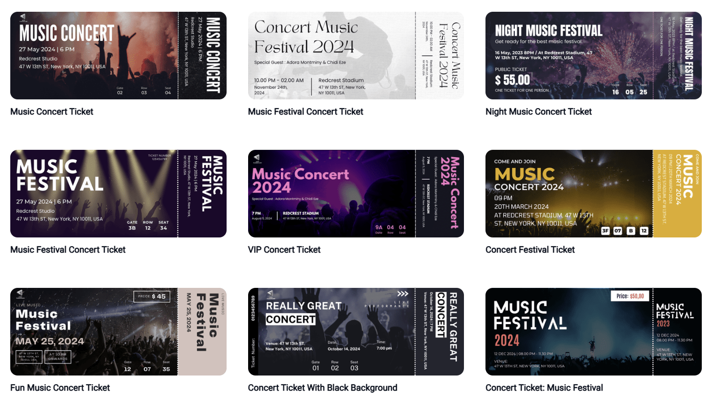 Multiple concert ticket templates displayed with different layouts and themes