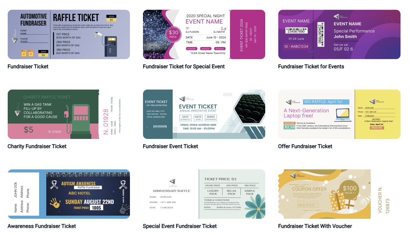 A variety of fundraiser ticket templates for different events and causes