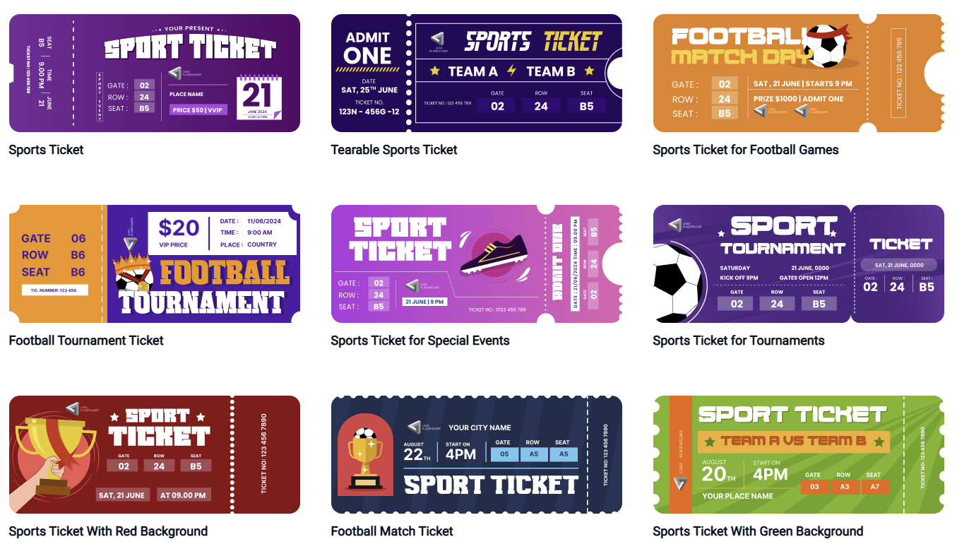 Various sports ticket designs for football matches, tournaments, and special events