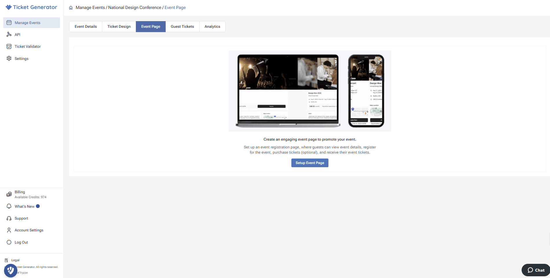 Ticketing software's dashboard prompting users to set up an event page for registration and ticketing