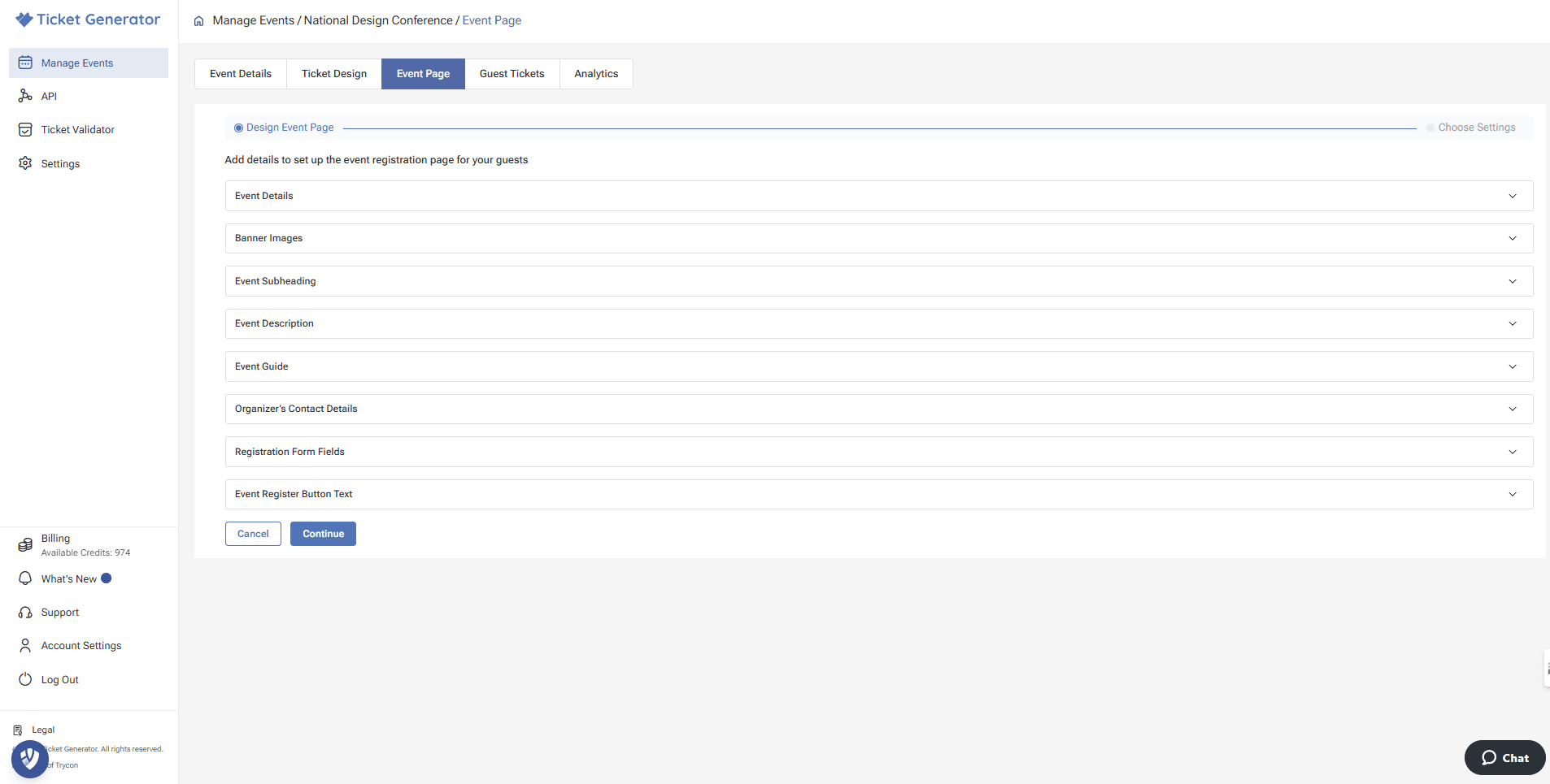 Ticketing software's interface showing editable fields for event details, banner, contact info, and registration form