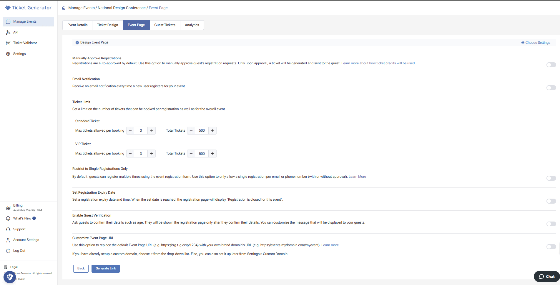 Advanced event page settings in ticketing software including ticket limits, guest verification, and custom URLs