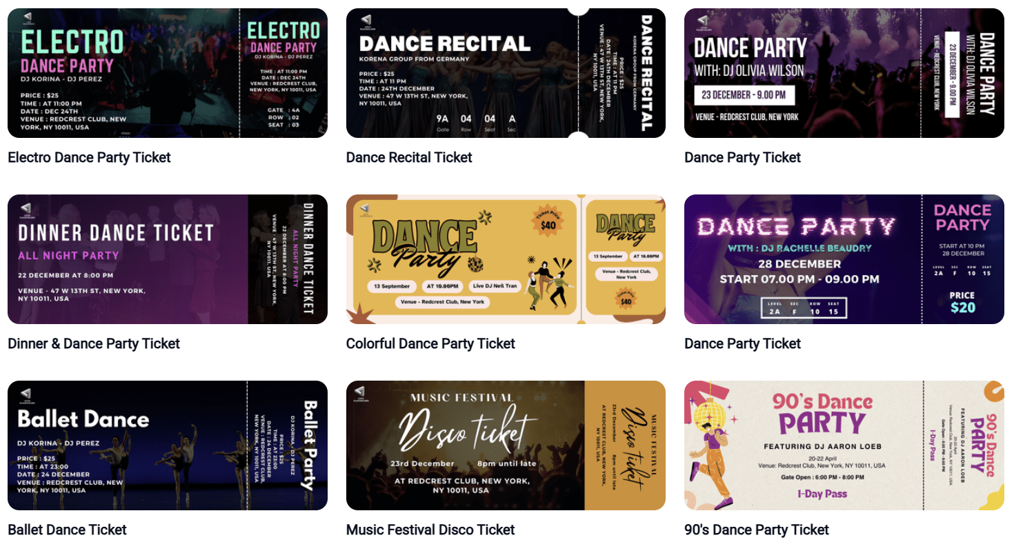 Multiple dance-themed ticket templates for events, featuring vibrant graphics and text like "Electro Dance Party" and "Dance Recital."