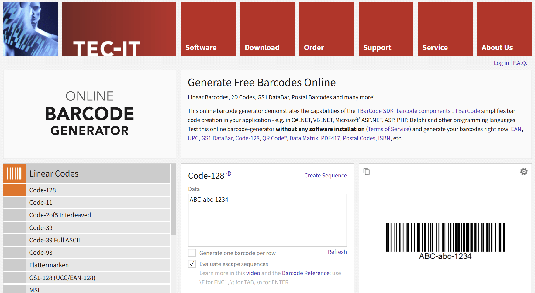 Create Event Tickets with Barcode: TEC-IT interface shows Code-128 generator menu and sample barcode ABC-abc-1234 for free export