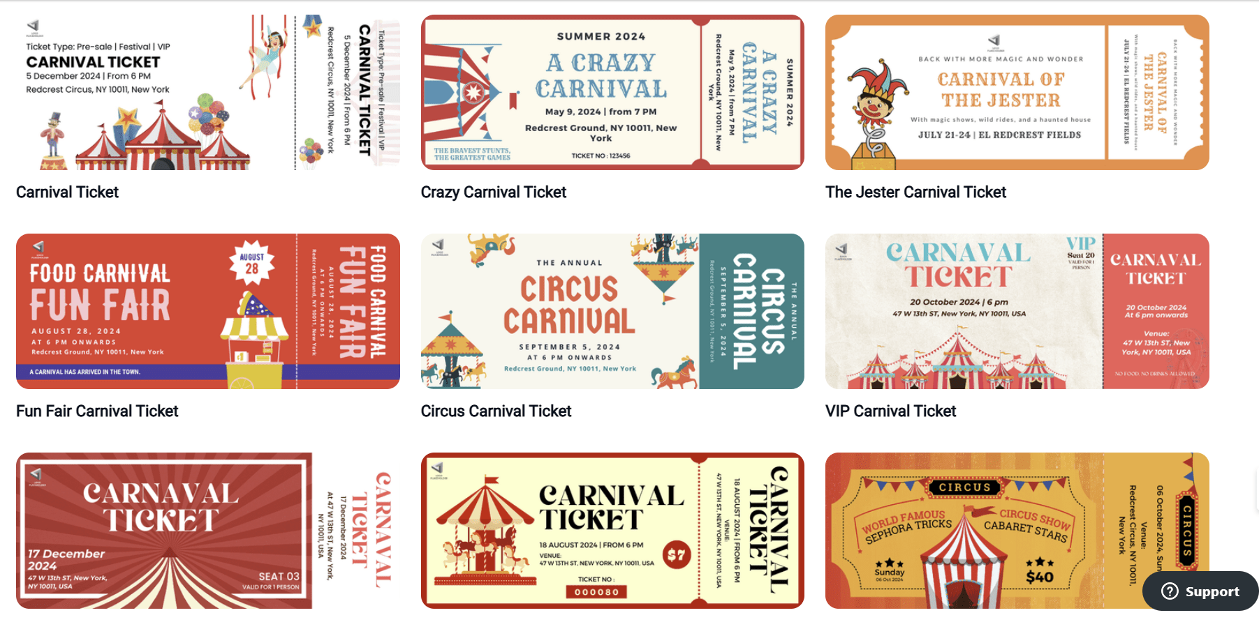 Various colorful carnival ticket templates in festival ticketing system with different themes, including circus, fun fair, and VIP carnival tickets.