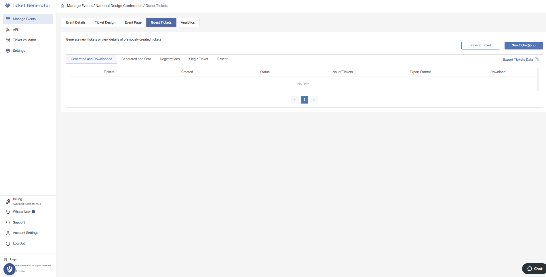 Ticketing software's dashboard displaying the guest tickets section for viewing, generating, and managing tickets