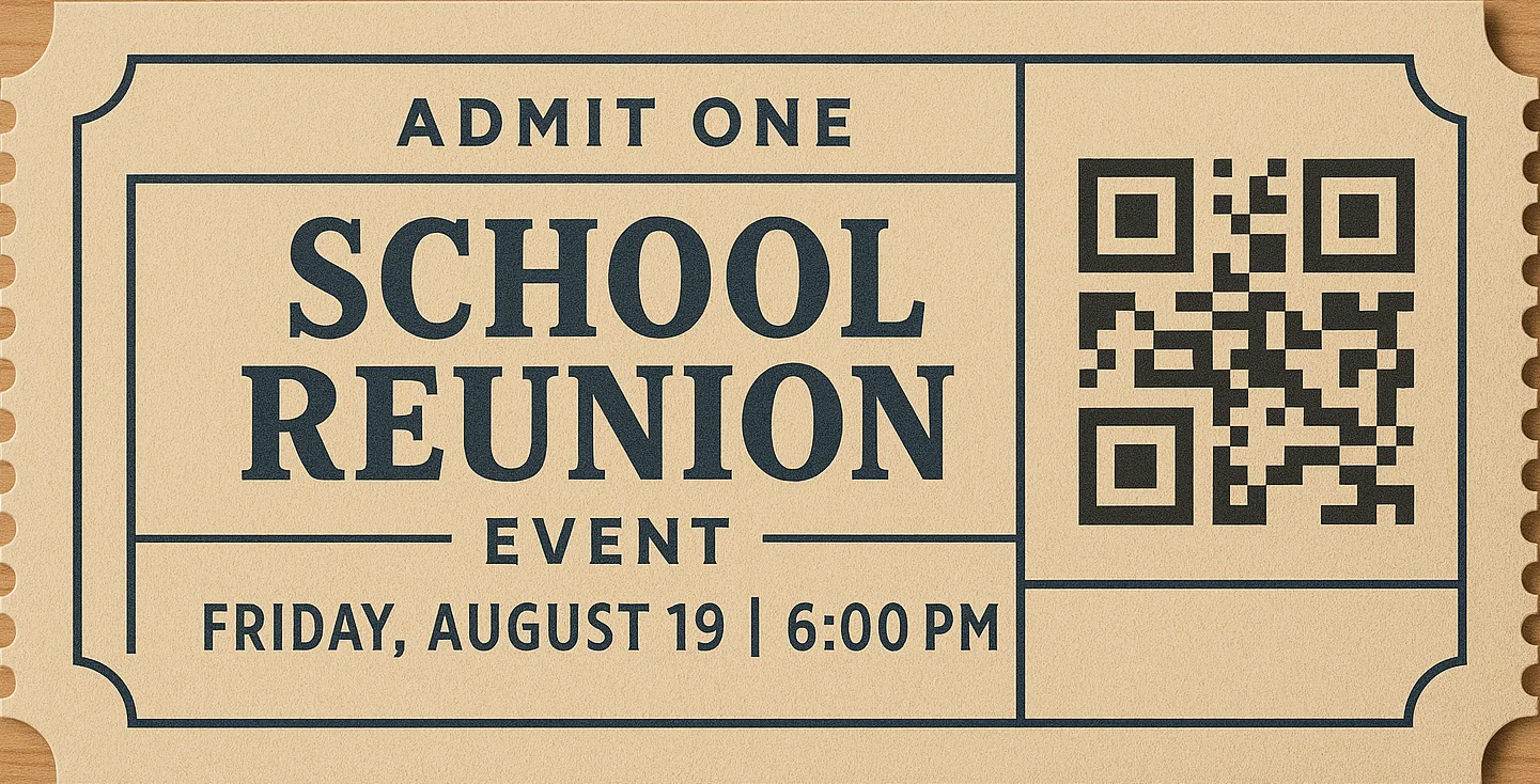 Vintage-style school reunion ticket with event date, time, and a QR code on a kraft paper background