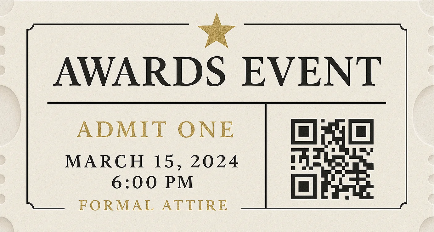 Elegant awards event ticket with gold and black text, event details, and QR Code on a cream background
