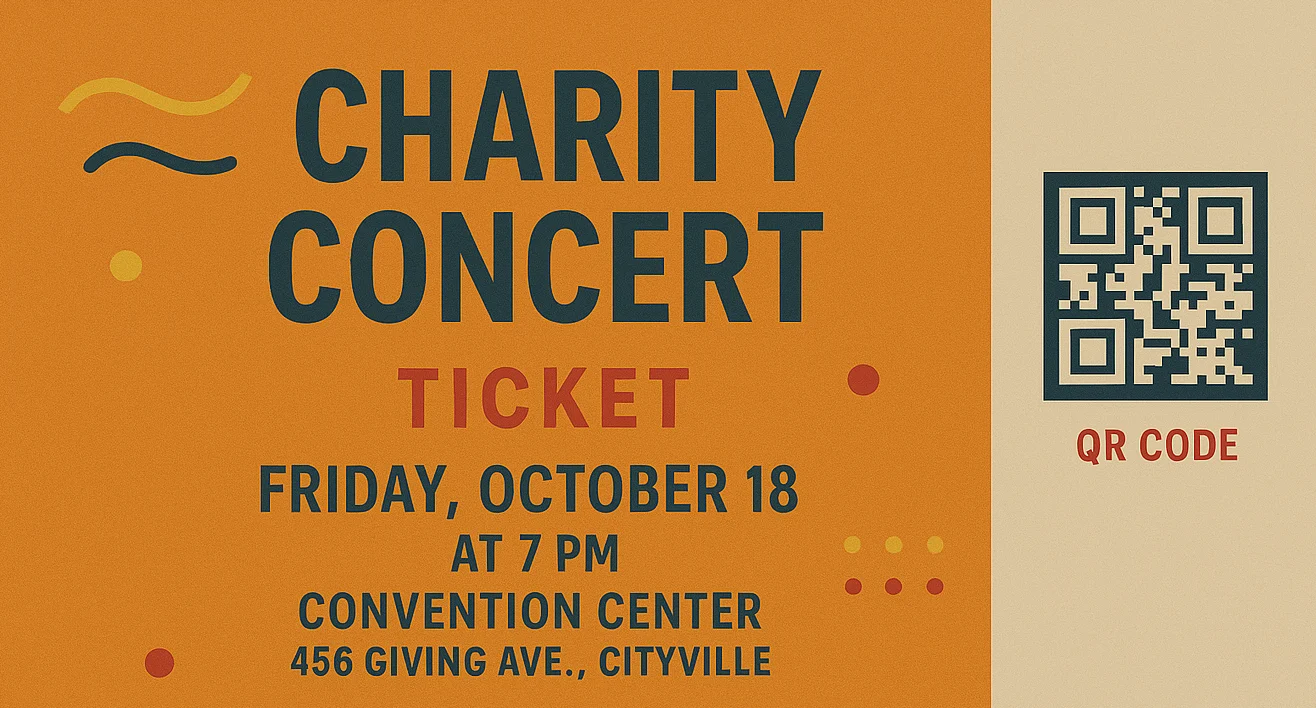 Bold, modern charity concert ticket with event details, QR code, and bright orange background