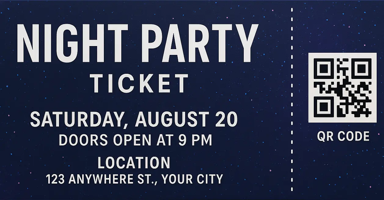 Dark-themed ticket design with event details, QR code, and bold white text for a night party