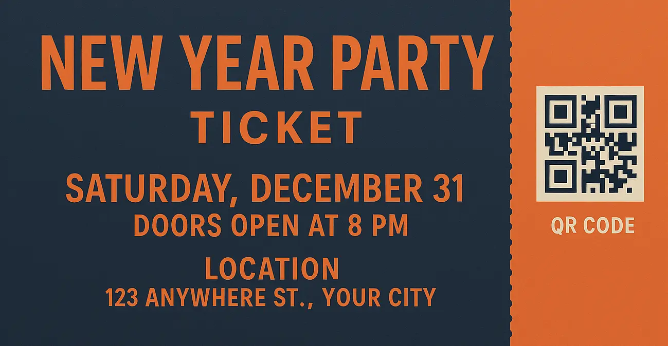 Dark blue and orange New Year event ticket featuring date, time, location, and a QR code