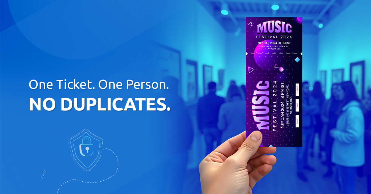 A hand holds a purple "Music Festival 2024" ticket, representing an admit one ticket generated without duplicates, against a blurred background of people in an event space