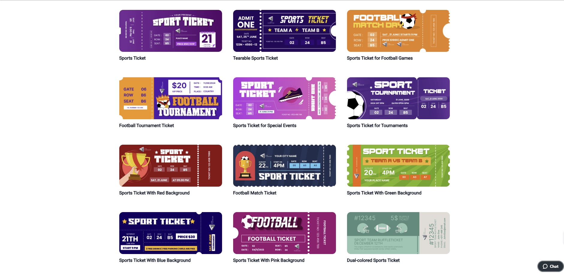 Multiple sports-themed ticket templates featuring football tournaments, matches, and other athletic events in colorful designs.