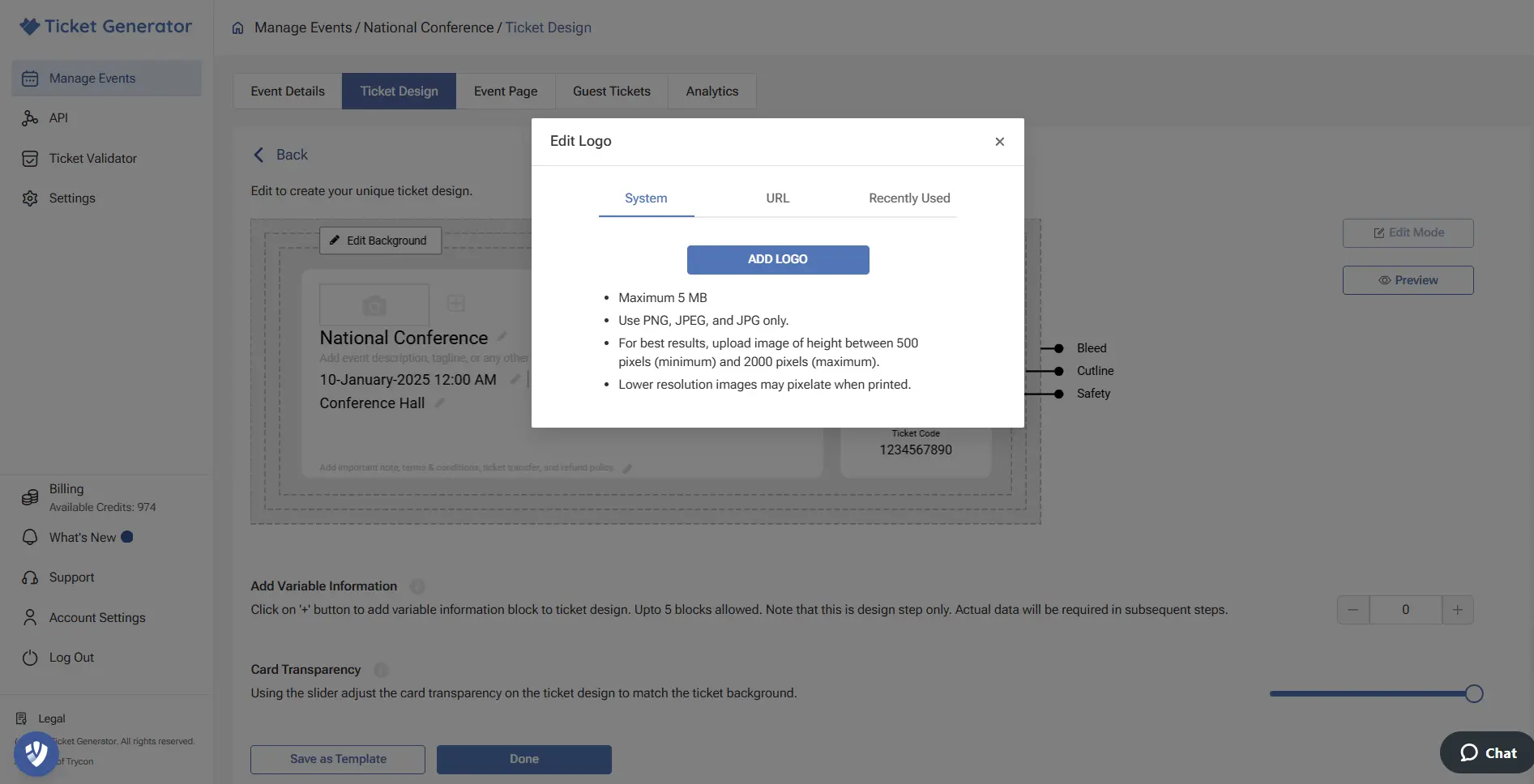 Ticketing software's interface displaying a popup window to upload a logo for customizing ticket design