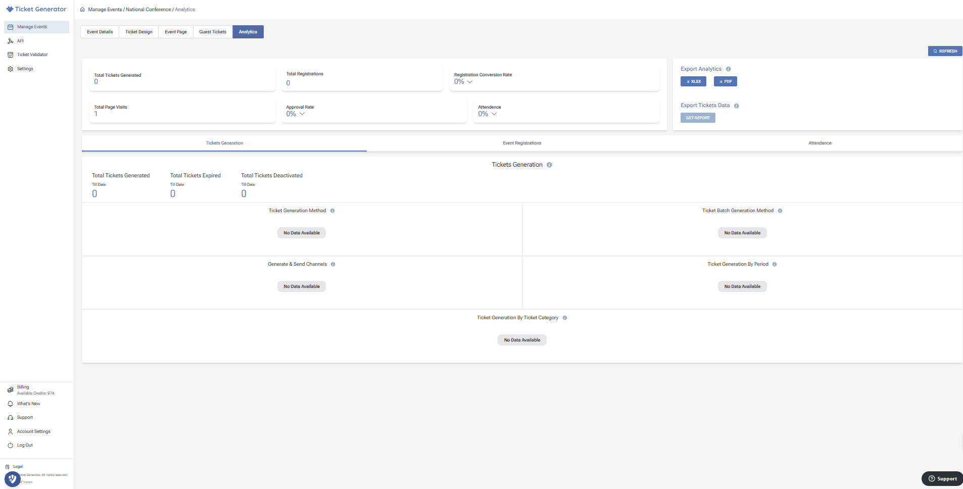 Ticket Generator analytics dashboard displaying event statistics, ticket generation, and export options.