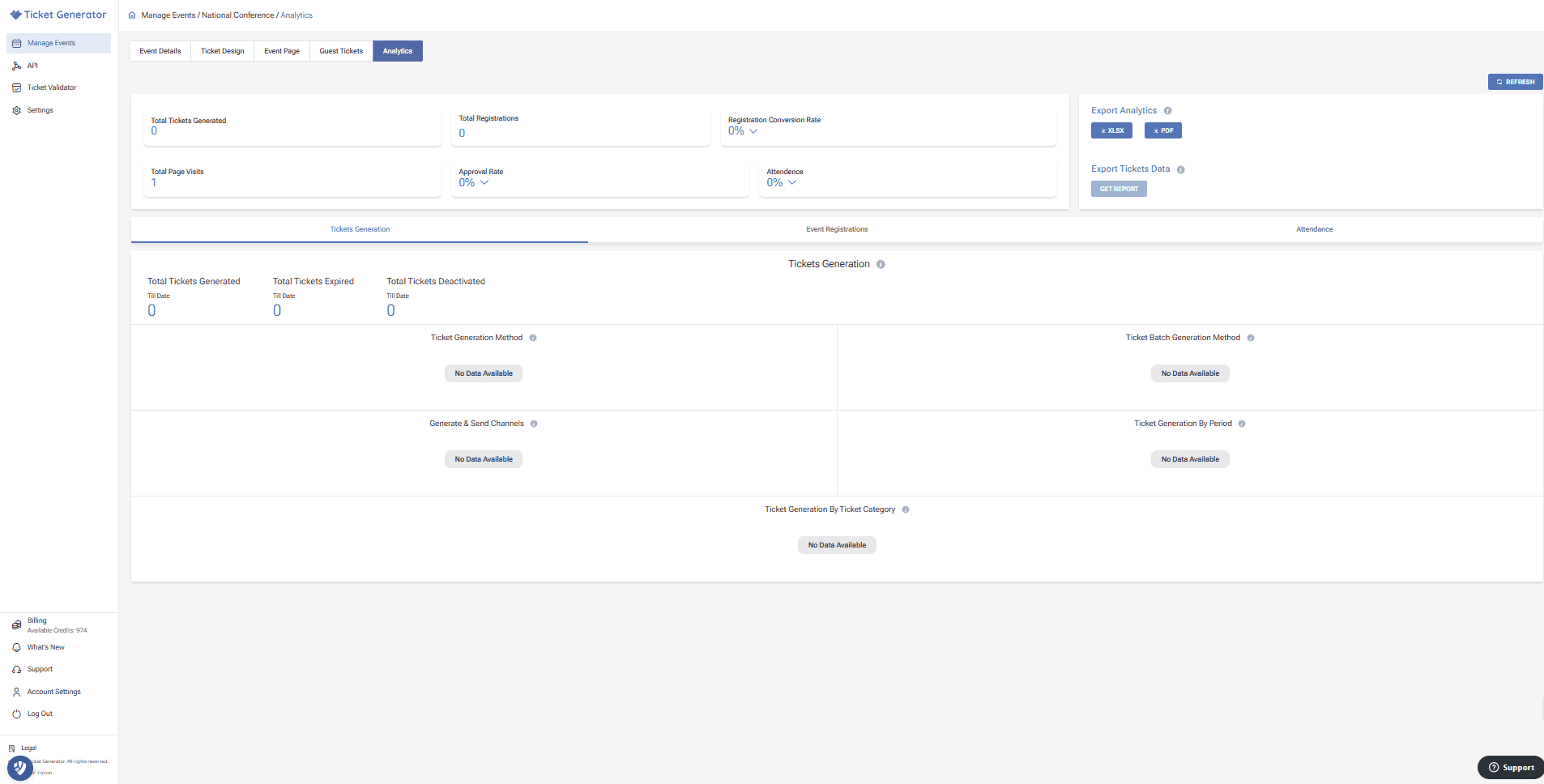 Ticket Generator analytics page with stats (tickets generated, attendance), export options, and no data placeholders