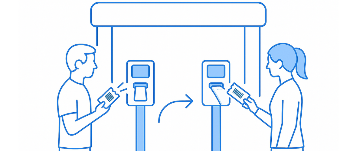 Create Event Tickets with Barcode illustration: man and woman scan barcoded passes at self-service turnstiles, speeding entry
