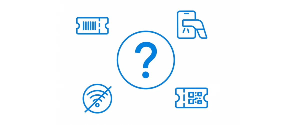 Create Event Tickets with Barcode graphic: question mark with barcode ticket, phone scan, offline icon, and QR ticket choices