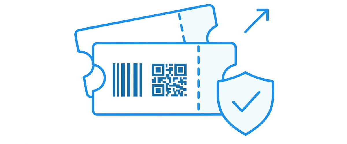 Create Event Tickets with Barcode and QR Code on one pass, plus shield and rising arrow, symbolizing secure ticket growth